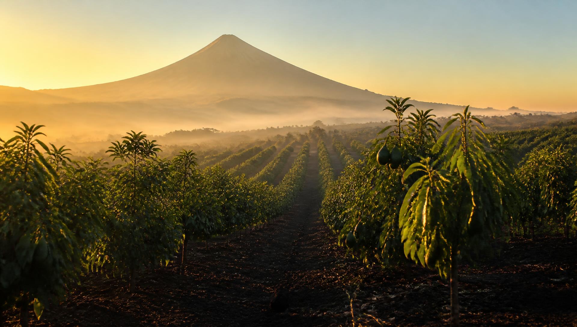 Huerto de aguacate Hass al amanecer al pie de un volcán en Morelos
